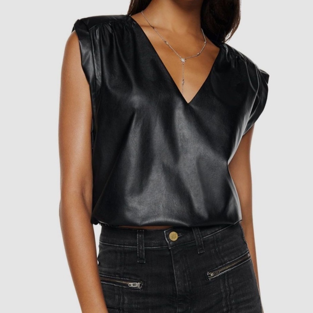 Ramy Brook Annabelle Faux Leather V-Neck Top – Black XS